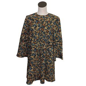 ZARA Basic Collection Dress Black Ditsy Floral Mini With Bell Sleeves Womens Med